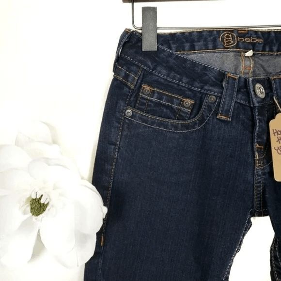 Bebe Kayla Gold Rhinestone Embellished Deep Wash Flare Stretchy Jeans Size: 26P - Picture 5 of 9